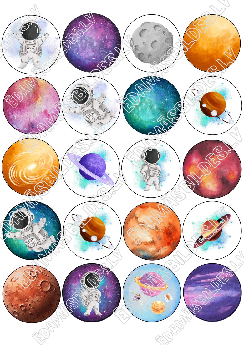 Cukura papīrs ar apdruku "Kosmos", kapkeiku aplīši 5 cm